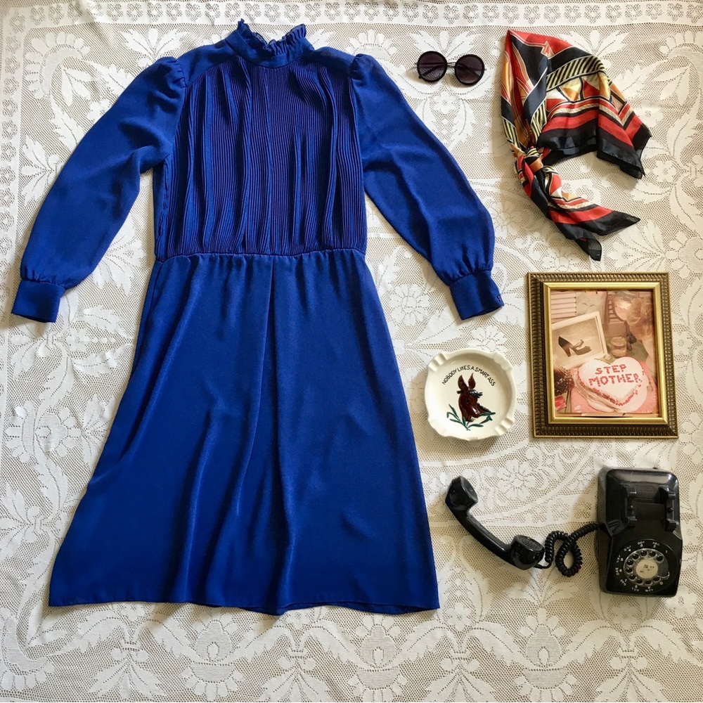 Vintage cobalt blue ruffle neck puff shoulder semi-sheer long sleeve midi dress